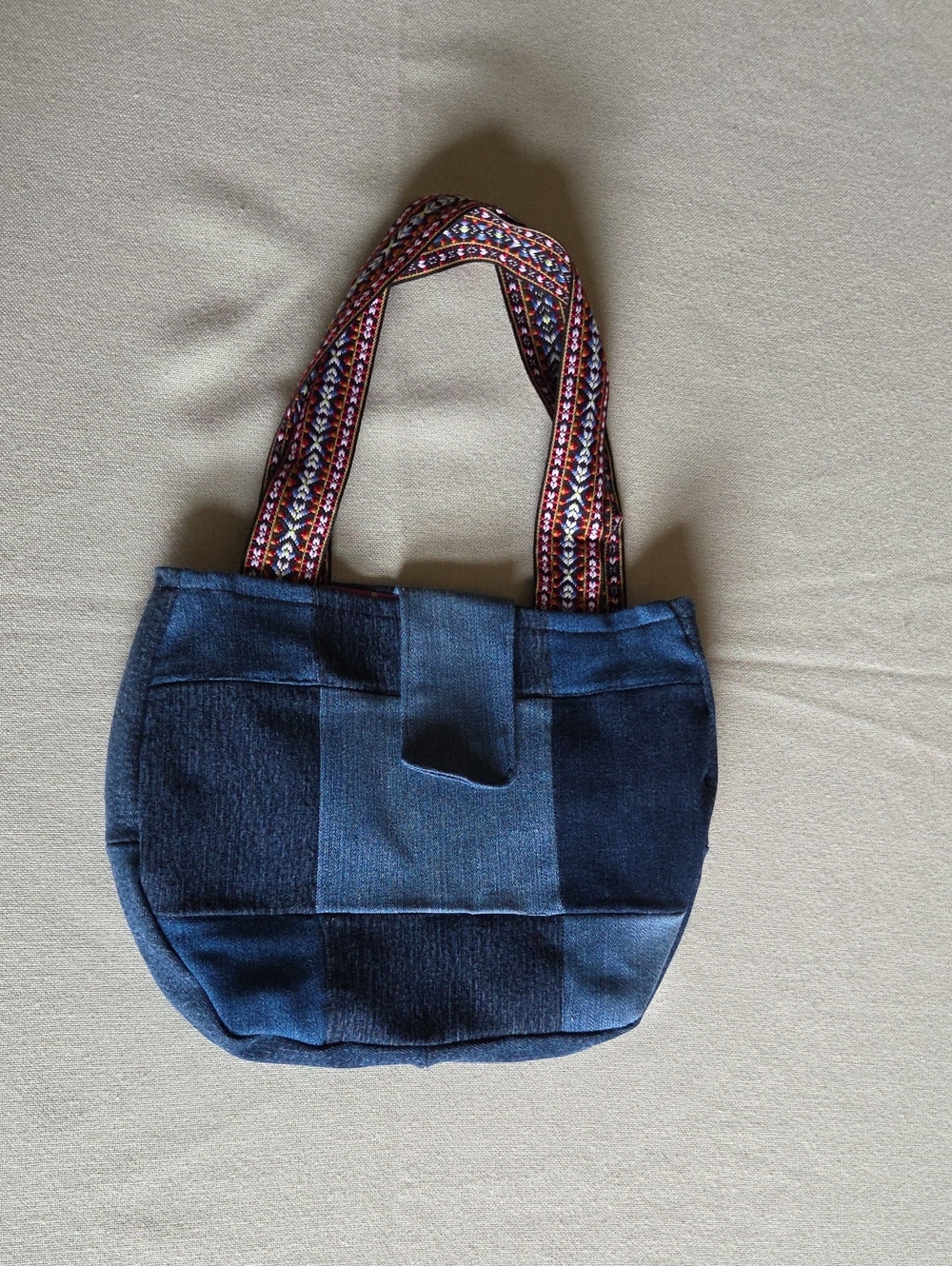 Patchwork Indigo Denim Tote Bag with Patterned Straps